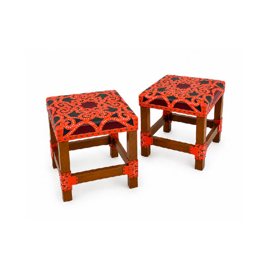 Pair of Handmade Stools with intricate Reverse Leather Appliqué