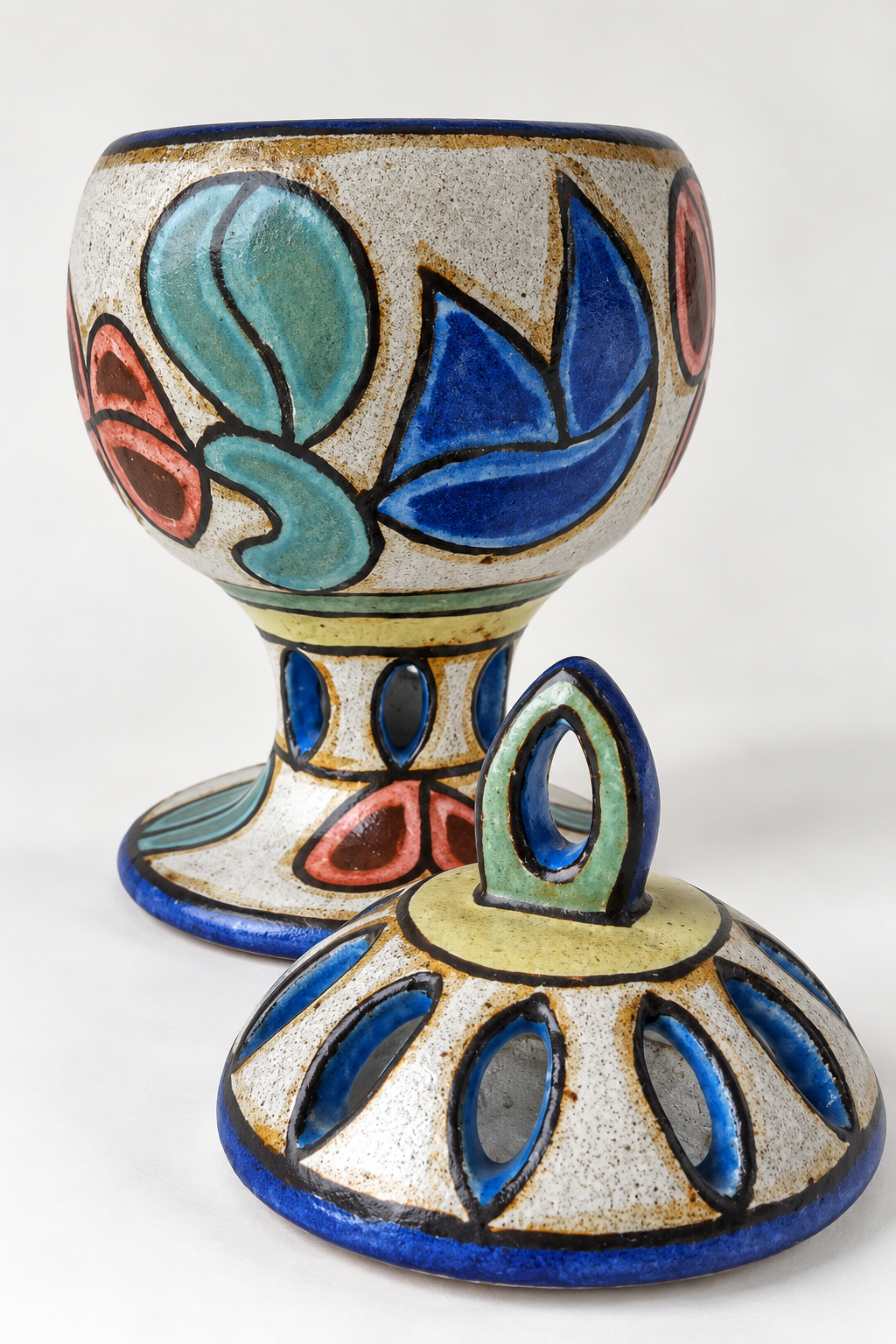 Polychrome Perforated Covered Vessel with  Painted Fruit and Leaf Motifs
