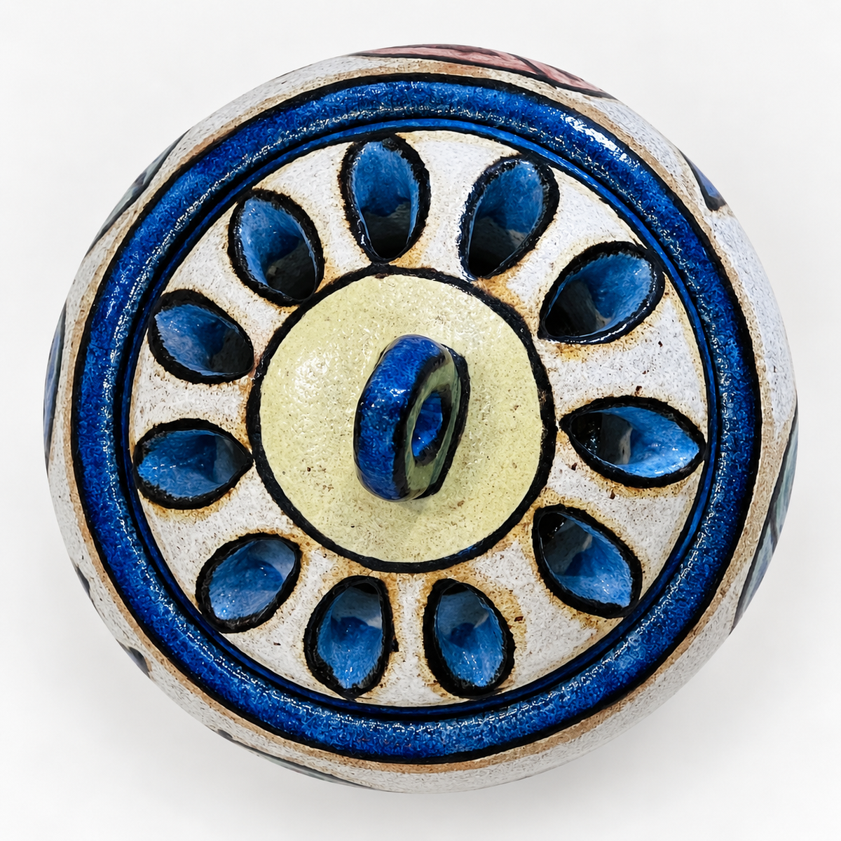 Polychrome Perforated Covered Vessel with  Painted Fruit and Leaf Motifs