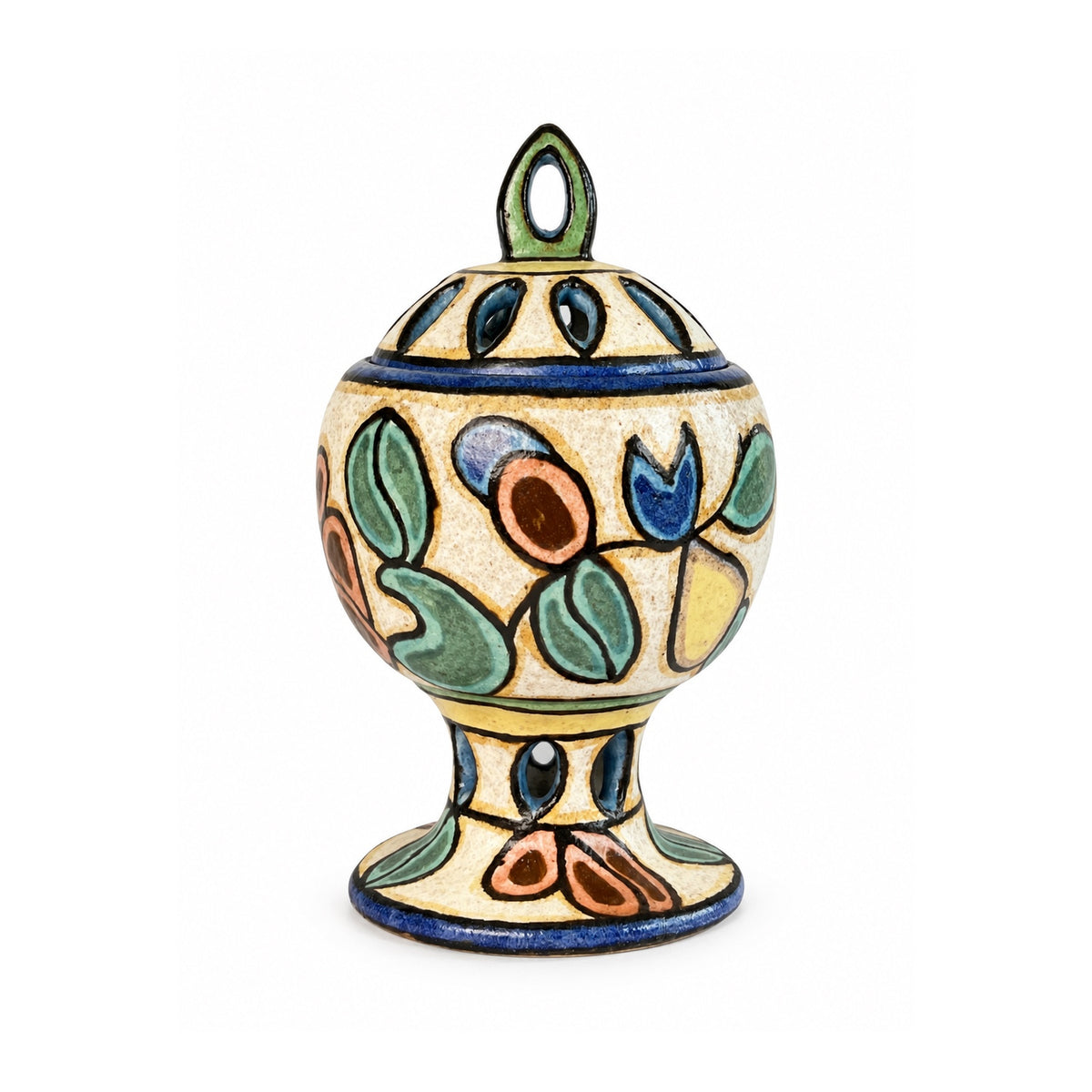 Polychrome Perforated Covered Vessel with  Painted Fruit and Leaf Motifs